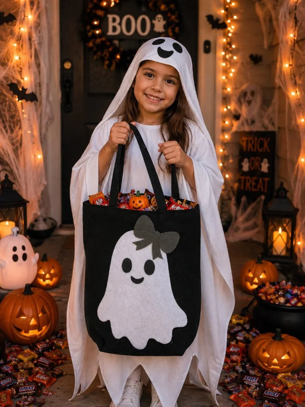 Cute Ghost Halloween Treat bag, Handmade Felt trick or treat Bag, kids Halloween